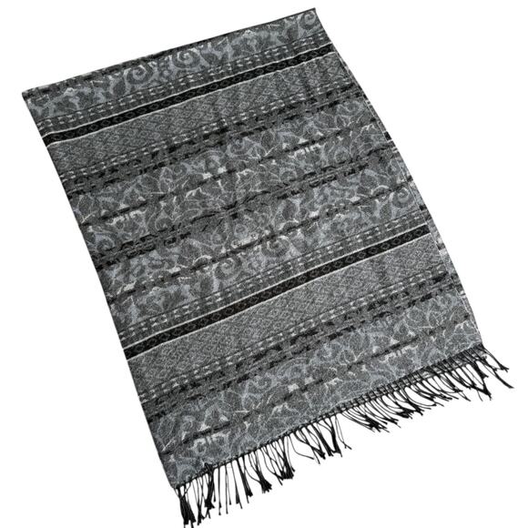 Corrierildo Italy Wool Blend Jacquard Shawl Wrap Gray Fringe Boho Cozy Winter - Picture 6 of 7
